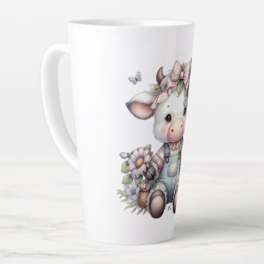 Schattigee Pastel Baby Koe in Overalls met Bloemen Latte Mok (Linkerhoek)