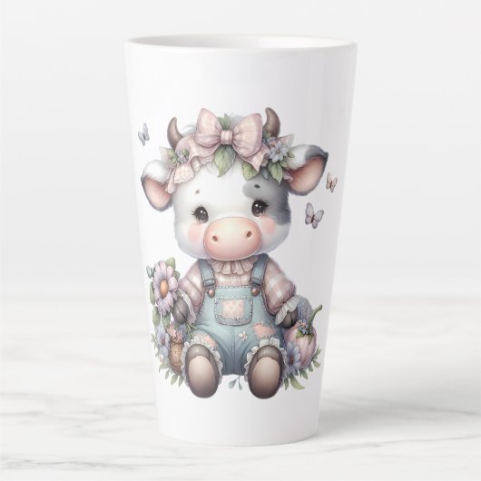 Schattigee Pastel Baby Koe in Overalls met Bloemen Latte Mok (Voorkant)