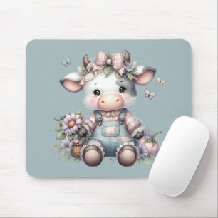Schattigee Pastel Baby Koe in Overalls met Bloemen Muismat