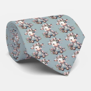 Schattigee Pastel Baby Koe in Overalls met Bloemen Stropdas