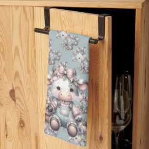 Schattigee Pastel Baby Koe in Overalls met Bloemen Theedoek