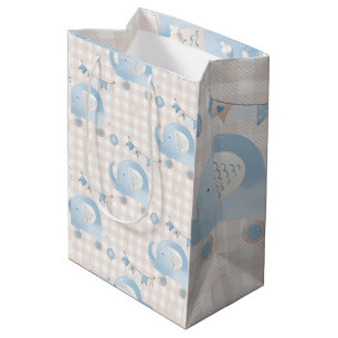 Schattigee pastel blauw ivoor geruite olifant jong medium cadeauzakje