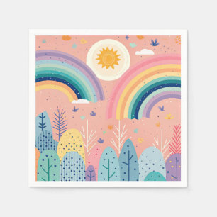 Schattigee Pastel Boho Regenboog & Zon Boven Bos Servet