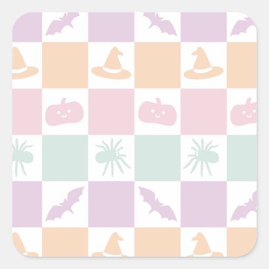 Schattigee Pastel Halloween Graphics & Checkerboar Vierkante Sticker (Voorkant)