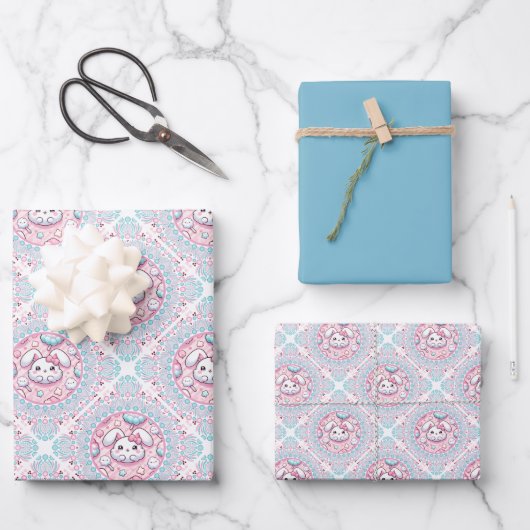 Schattigee Pastel Kawaii Bunny Dot Mandala Diamond Inpakpapier Vel (Voorkant)