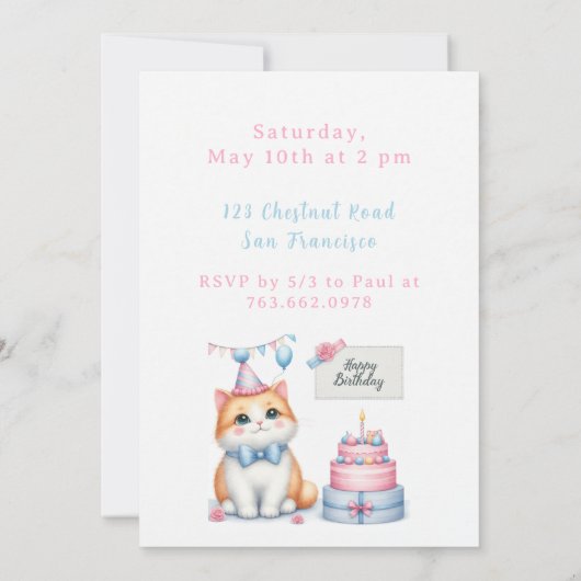 Schattigee Pastel Kitten Verjaardagstaart - Verjaa Kaart (Achterkant)