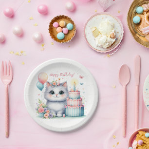 Schattigee Pastel Kitten Verjaardagstaart - Verjaa Papieren Bordje