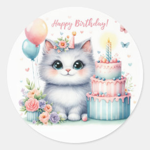 Schattigee Pastel Kitten Verjaardagstaart - Verjaa Ronde Sticker
