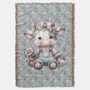 Schattigee Pastel Koe in Overalls met Bloemen Deken