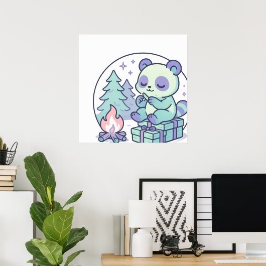 Schattigee Pastel Panda bij het kampvuur met gesch Poster (Thuiskantoor)
