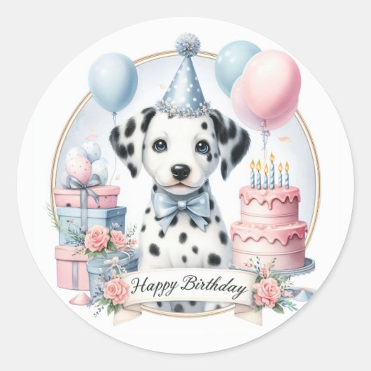 Schattigee Pastel Puppy Dalmatiër - Verjaardag Ronde Sticker (Voorkant)