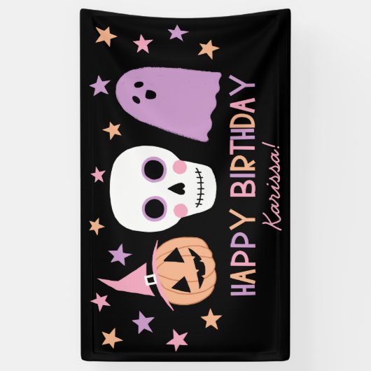 Schattigee Pastel Skull Ghost Halloween Verjaardag Spandoek (Verticaal)