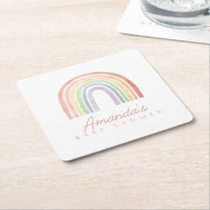 Schattigee Pastel Waterverf Regenboog Baby shower Vierkante Kartonnen Onderzetter