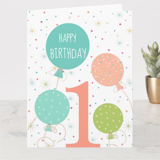 Schattigee pastelkleurige ballonnen 1e verjaardag kaart (Kleine Plant)