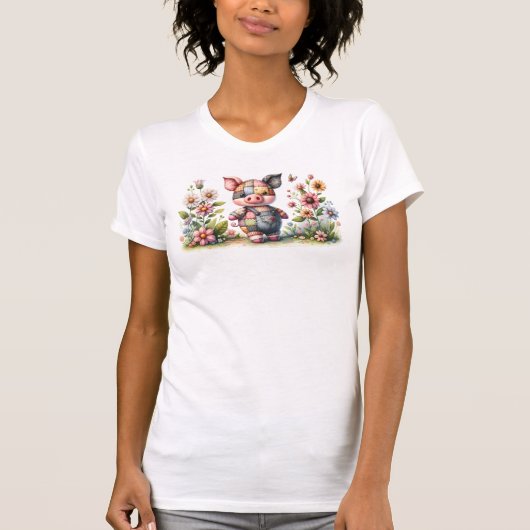 Schattigee patchwork biggetje in bloementuin t-shirt (Voorkant)
