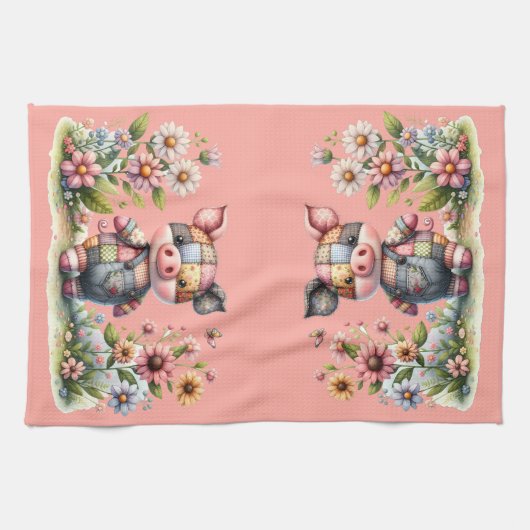 Schattigee patchwork biggetje in bloementuin theedoek (Horizontaal)