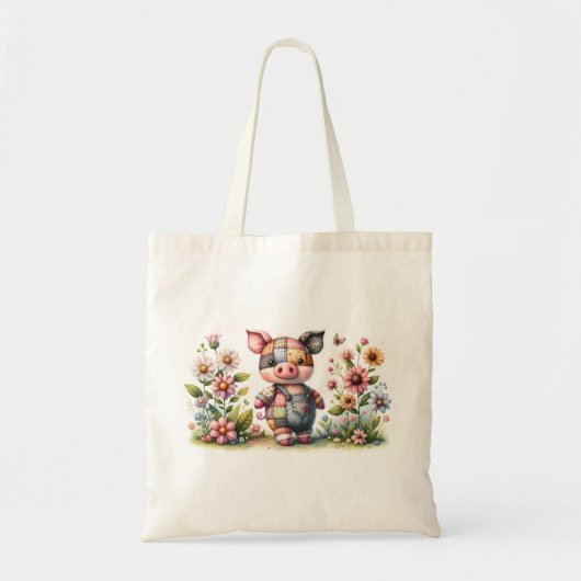 Schattigee patchwork biggetje in bloementuin tote bag (Voorkant)