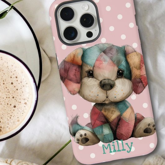 Schattigee Patchwork Puppy | Gepersonaliseerde roz iPhone Hoesje