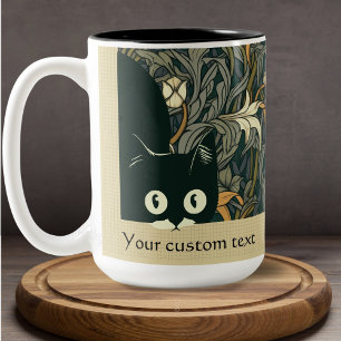 Schattigee Peeking Cat Art Nouveau Floral Blauwgro Tweekleurige Koffiemok