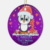 Schattigee Penguin Baby's Eerste Kerstmis Paarse Keramisch Ornament (Links)