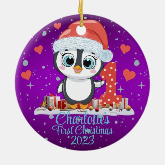 Schattigee Penguin Baby's Eerste Kerstmis Paarse Keramisch Ornament (Achterkant)