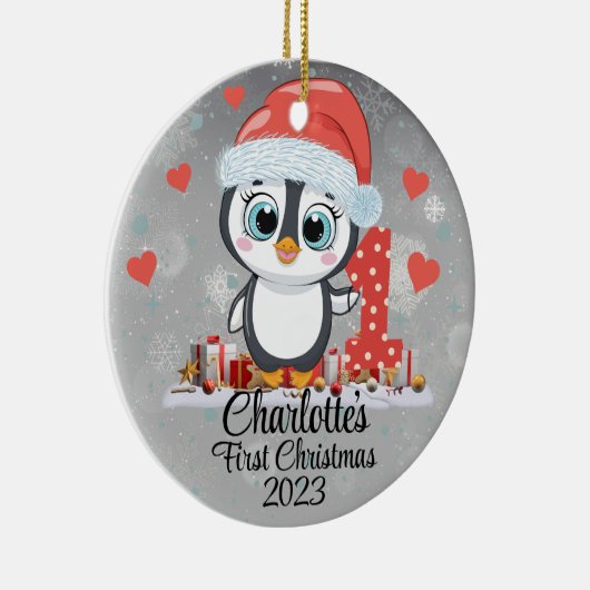 Schattigee Penguin Baby's Eerste Kerstzilver Keramisch Ornament (Rechts)