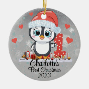 Schattigee Penguin Baby's Eerste Kerstzilver Keramisch Ornament