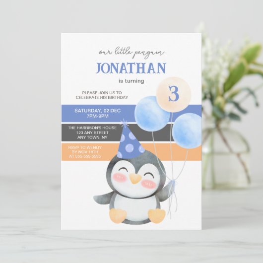 Schattigee Penguin Balloon Boy Verjaardag Kaart (Staand voorkant)