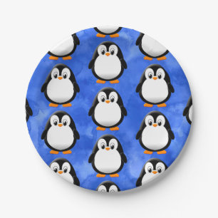 Schattigee Penguin Cartoon Blauwe Waterverf Papieren Bordje