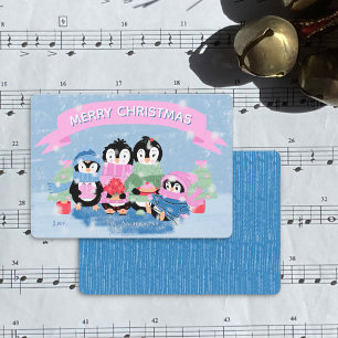 Schattigee Penguin Family Blue Flat Holiday Kaart