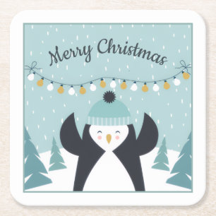 Schattigee Penguin Winter Art Vrolijk Kerstfeest Vierkante Kartonnen Onderzetter