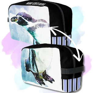 Schattigee Penguin Zwart en Blauw Waterverf Reizen Toilettasje