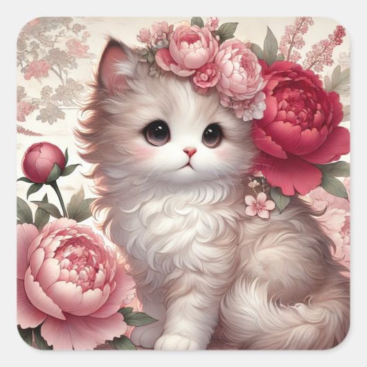 Schattigee Peony Princess Cat Vierkante Sticker (Voorkant)