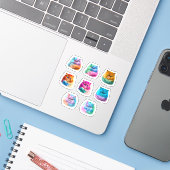 Schattigee Perzische Kat Stickers 8-Pack - Kleurri (Laptop met iPhone)