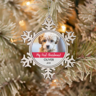 Schattigee Pet foto keepsake Puppy's eerste kerst Tin Sneeuwvlok Ornament