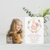 Schattigee Piggy Pink Bloemen Greenery Verjaardags Kaart (Staand voorkant)