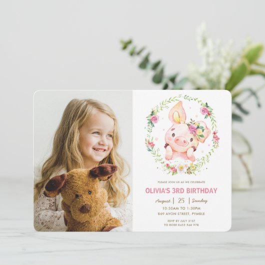Schattigee Piggy Pink Bloemen Greenery Verjaardags Kaart