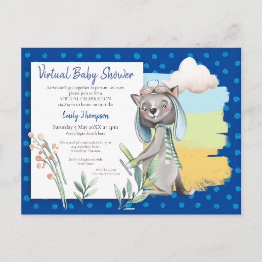 Schattigee piloot Wolf Polka Dot Blue Virtual Baby Uitnodiging Briefkaart (Voorkant)