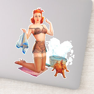 Schattigee Pin-up Meisje met kleine hond  kunst Sticker
