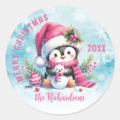 Schattigee Pinguïn Blauw en Roze Custom Merry Chri Ronde Sticker (Voorkant)