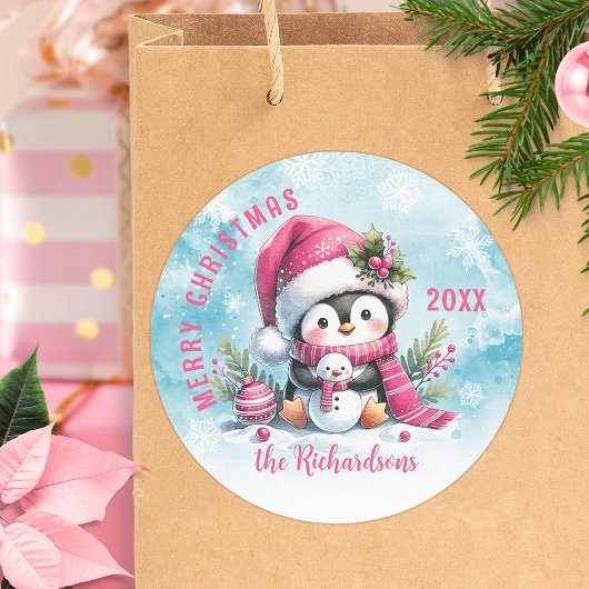 Schattigee Pinguïn Blauw en Roze Custom Merry Chri Ronde Sticker