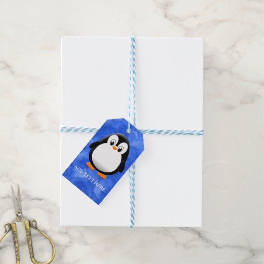 Schattigee Pinguïn Cartoon Custom Blue Waterverf Cadeaulabel (Met Touw)
