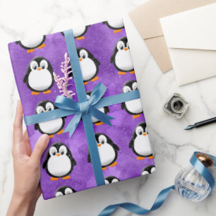 Schattigee Pinguïn Cartoon Custom Paarse Waterverf Cadeaupapier