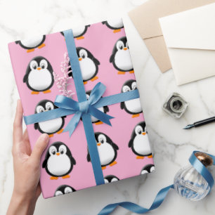 Schattigee Pinguïn Cartoon Custom Winter Pink Cadeaupapier