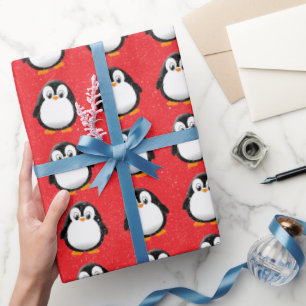 Schattigee Pinguïn Cartoon Custom Winter Red Cadeaupapier