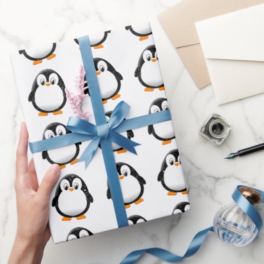 Schattigee Pinguïn Cartoon Custom Winter White Cadeaupapier (Geschenken)