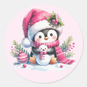 Schattigee Pinguïn en Sneeuwman Roze Kerst Ronde Sticker (Voorkant)