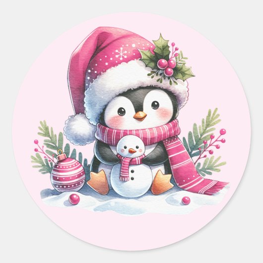 Schattigee Pinguïn en Sneeuwman Roze Kerst Ronde Sticker (Voorkant)