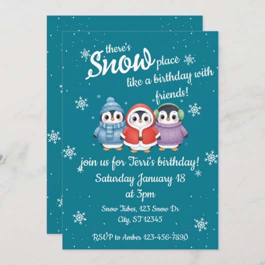 Schattigee pinguïn "er is sneeuwplaats" Verjaardag Kaart (Voorkant / Achterkant)