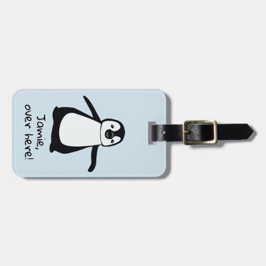 Schattigee pinguïn | Hier | gepersonaliseerd Bagagelabel (Voorkant horizontaal)